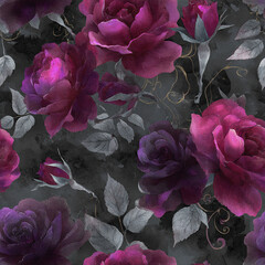 Obraz premium Dark seamless pattern with dramatic purple and magenta roses and gray leaves on black