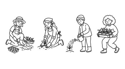 Obraz premium Four outdoor black indie line art character pose set