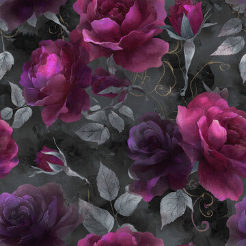 Dark seamless pattern with dramatic purple and magenta roses and gray leaves on black