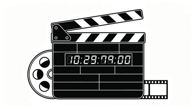 Black and white illustration of a film clapperboard with a digital timecode, film reel, and filmstrip on a white background.