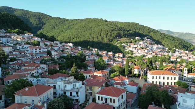 Drone Rising Above the Old Town of Xanthi at Sunset, Greece