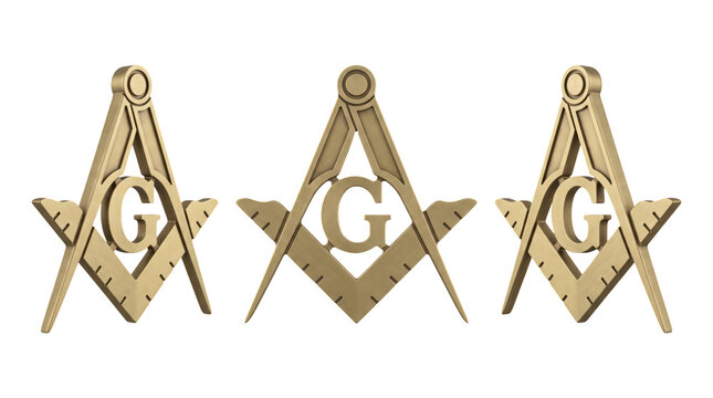 Gold Masonic square and compass symbols, freemasonry fraternity and secret society concept