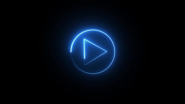 glowing Neon shine play button icon sign with neon circle animation. neon media player button. Neon glowing play button icon on a black backgroun