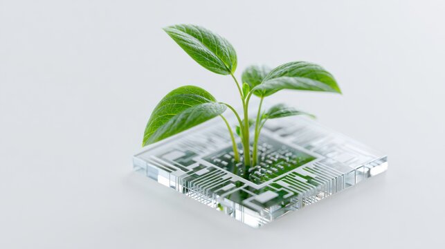 A young green plant sprouts from the center of a computer chip, symbolizing the integration of nature and technology. The plant's leaves are vibrant green, reaching upwards towards the light.