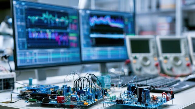 An electronic laboratory with two monitors displaying graphs and data, alongside circuit boards and testing equipment. The scene suggests scientific research and development in electronics