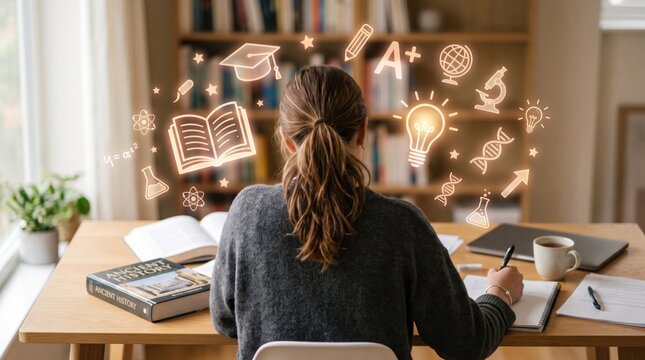 Student studying at desk with glowing education icons, learning concept, back view of girl writing notes in notebook, books on table, school success, knowledge and academic achi...