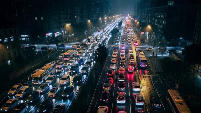 Heavy traffic moving along highway night, cars filling multiple lanes with slow movement, urban congestion during holiday period, transportation overload and busy city flow under evening conditions