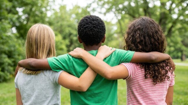 Three diverse children friends embracing outdoors in a park with arms around each other.