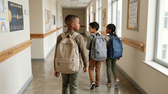 Three young students walking down a school hallway with backpacks.
