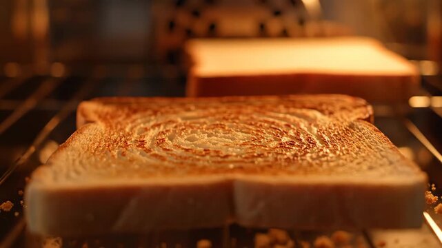 Slices of bread being toasted inside a modern toaster oven.