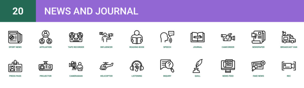 Set of 20 outline web News and Journal icons such as rec, fake news, news feed, quill, inquiry, listening, helicopter vector icons for report, presentation, diagram, web design, mobile app