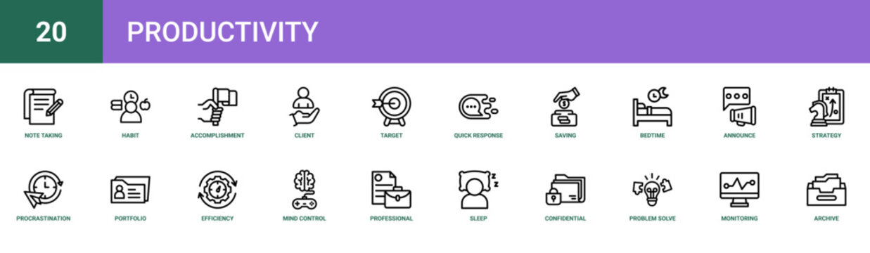 Set of 20 outline web Productivity icons such as archive, monitoring, problem solve, confidential folder, sleep, professional portfolio, mind control vector icons for report, presentation, diagram,