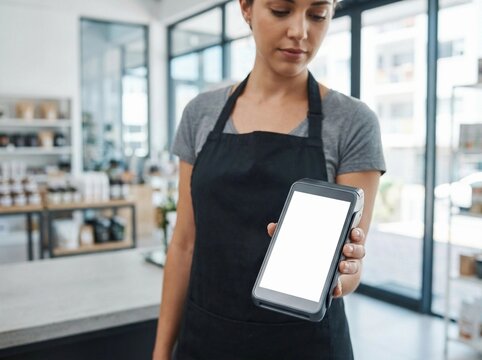 Retail employee wearing black apron holds payment terminal mockup at checkout counter in modern shop with blank white screen display