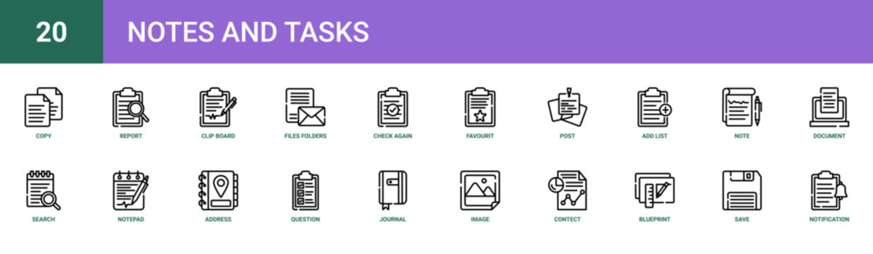 Set of 20 outline web Notes and Tasks icons such as notification bell, save, blueprint, contect, image, journal, question vector icons for report, presentation, diagram, web design, mobile app
