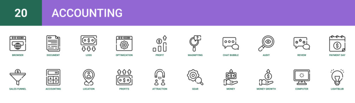 Set of 20 outline web Accounting icons such as lightblub, computer, money growth, money, gear, attraction, profits vector icons for report, presentation, diagram, web design, mobile app