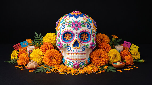 Vibrant decorated sugar skull surrounded by bright orange marigold flowers on solid black background with traditional bread offerings displays brightly painted with blooms small traditional