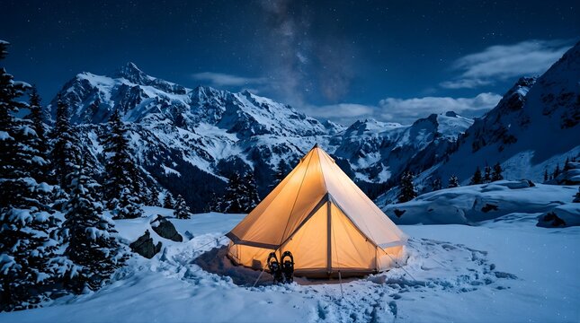 Illuminated tent in snowy mountains under a starry night sky
