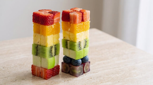 Rainbow fruit stack of freshly sliced colorful fruits arranged in two vertical towers as a healthy snack on a minimalist marble background for diet