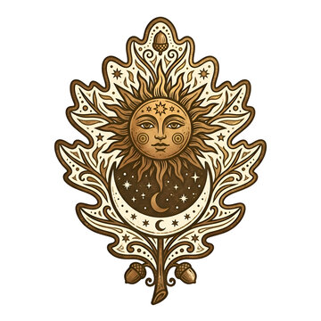 Celestial Oak Leaf Illustration with Vintage Sun and Moon