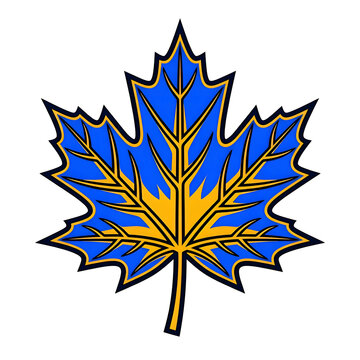 Stylized Blue and Yellow Maple Leaf Graphic Isolated on Black
