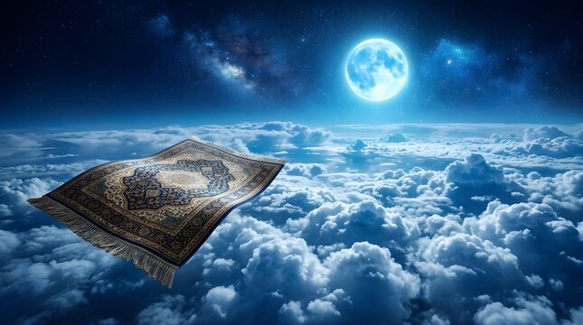 Magic flying carpet soaring over clouds under a full moon at night