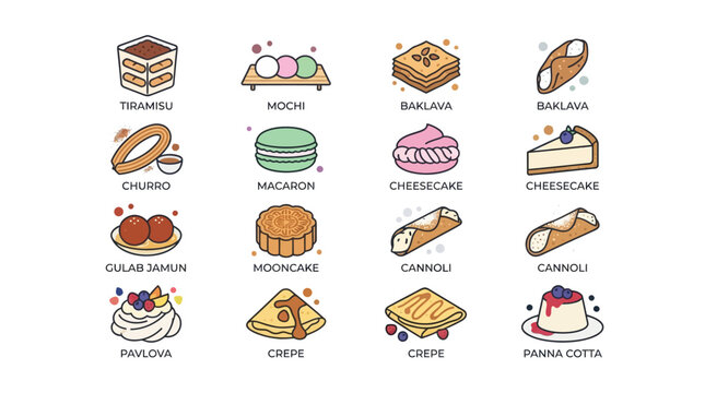Colorful Illustrated Collection of Various Desserts and Pastries.