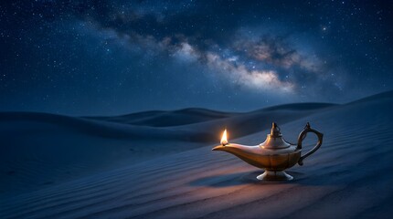 Magical golden genie lamp glowing on a desert sand dune under night sky © Lulapant