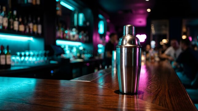 Metal cocktail shaker sitting on a wooden bar counter in a neon nightclub