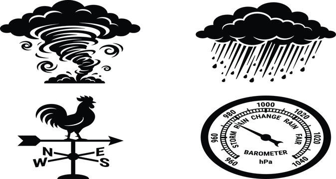 Set of black weather and meteorology icons featuring tornado, heavy rain cloud, wind vane, and barometer