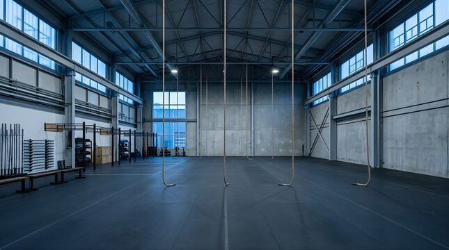 Modern industrial fitness gym interior with climbing ropes for exercise