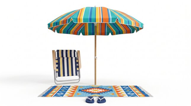 Colorful striped beach umbrella with folding chair and patterned rug, summer vacation accessories set, outdoor sun protection gear on white background