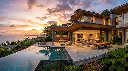 Fototapeta premium Wide angle shot of a luxury hillside tropical villa at sunset with fully open retractable glass walls, infinity pool, and panoramic ocean view