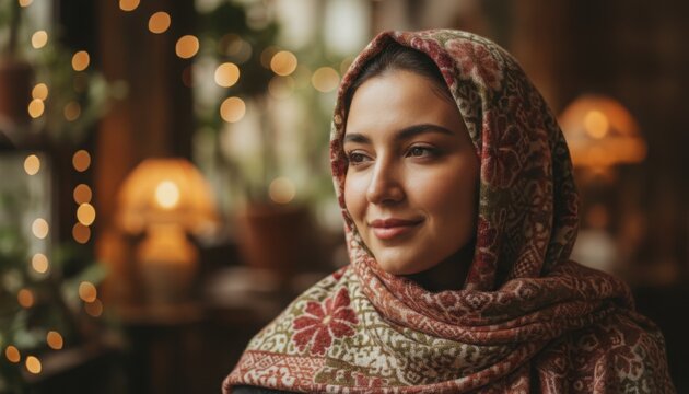 Young woman in patterned headscarf enjoying quiet winter evening lights, symbol of gentle faith, cultural pride and mindful pause in Middle Eastern cafe