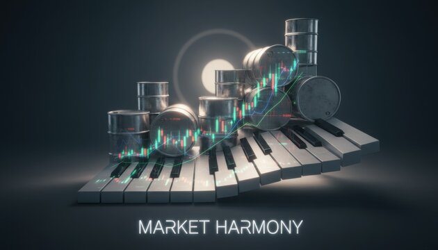 Oil barrels stacked on piano keys with trading chart expressing balance between energy market price rhythm and financial performance
