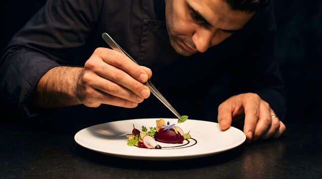 Professional chef garnishing gourmet food plate with tweezers in dark kitchen