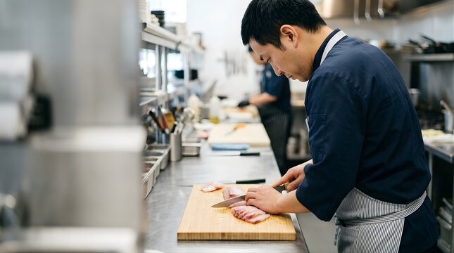 Professional chef slicing fresh raw fish on wooden board in kitchen