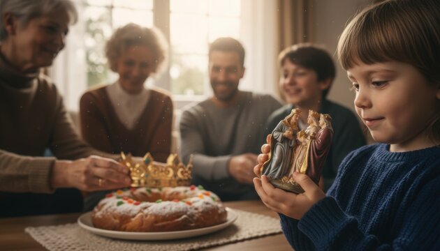Young child holding miniature Three Kings statue while older generation prepares Rosca de Reyes bread with crown decoration Epiphany