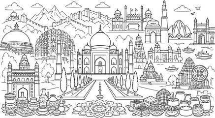 Obraz premium Detailed India Landmarks Coloring Page Illustration Featuring Taj Mahal and Cultural Heritage