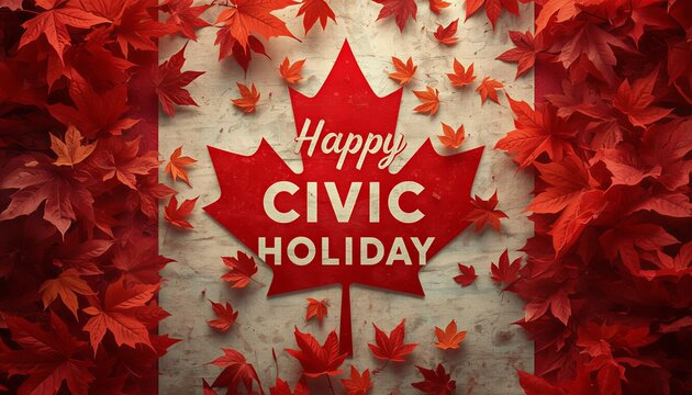 Happy Civic Holiday greeting card. Canadian maple leaf design with autumn foliage border.