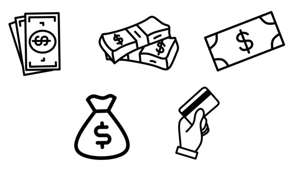 Black line icons representing money bills cash and credit card