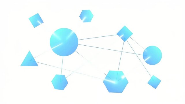 An abstract, dynamic network of interconnected geometric shapes, including circles, squares, triangles, and hexagons, represents complex data flow and digital connectivity.