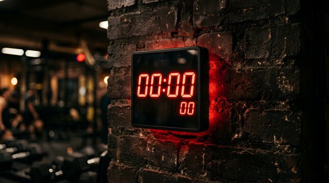 Red Digital Gym Timer Clock Displaying Zero on a Dark Brick Wall