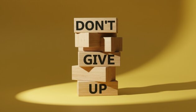 Vertical stack of wooden toy blocks with printed text reading dont give up against a solid yellow background with shadow