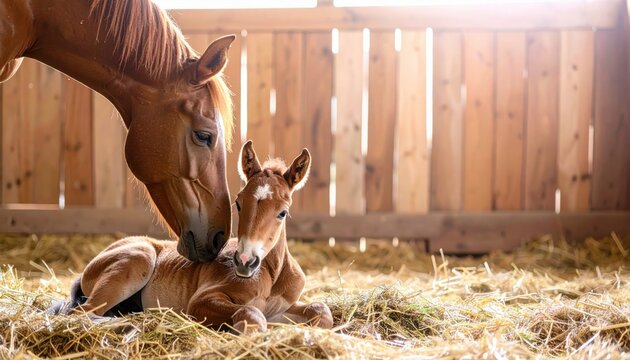Brown mare nuzzling her newborn foal while resting on a bed of golden straw inside a rustic wooden stable barn