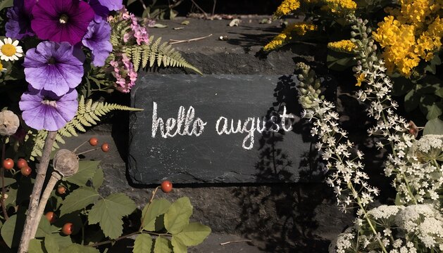 Hello August written on a chalkboard. Summer greeting sign surrounded by fresh flowers.