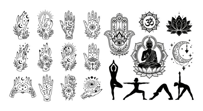 Set of mystic spiritual icons with hamsa hands buddha and yoga poses in ink style