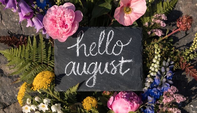 Hello August written on chalkboard. Summer greeting sign with colorful floral frame.