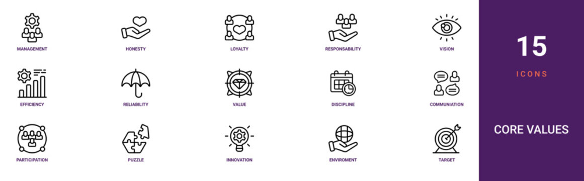 Set of 15 outline web Core Values icons such as target, enviroment, innovation, puzzle, participation, communiation, discipline vector icons for report, presentation, diagram, web design, mobile app