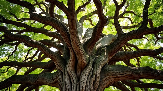 Ancient oak tree with a lush canopy and intricate branching pattern.