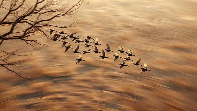 Aerial view of bird flock forming arrow shape flying from withered tree with motion blur.
